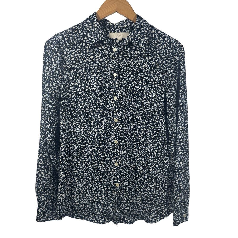 Ann Taylor LOFT Top Women Size S Blue Long Sleeve Roll Tab Sleeve‎ Career Work